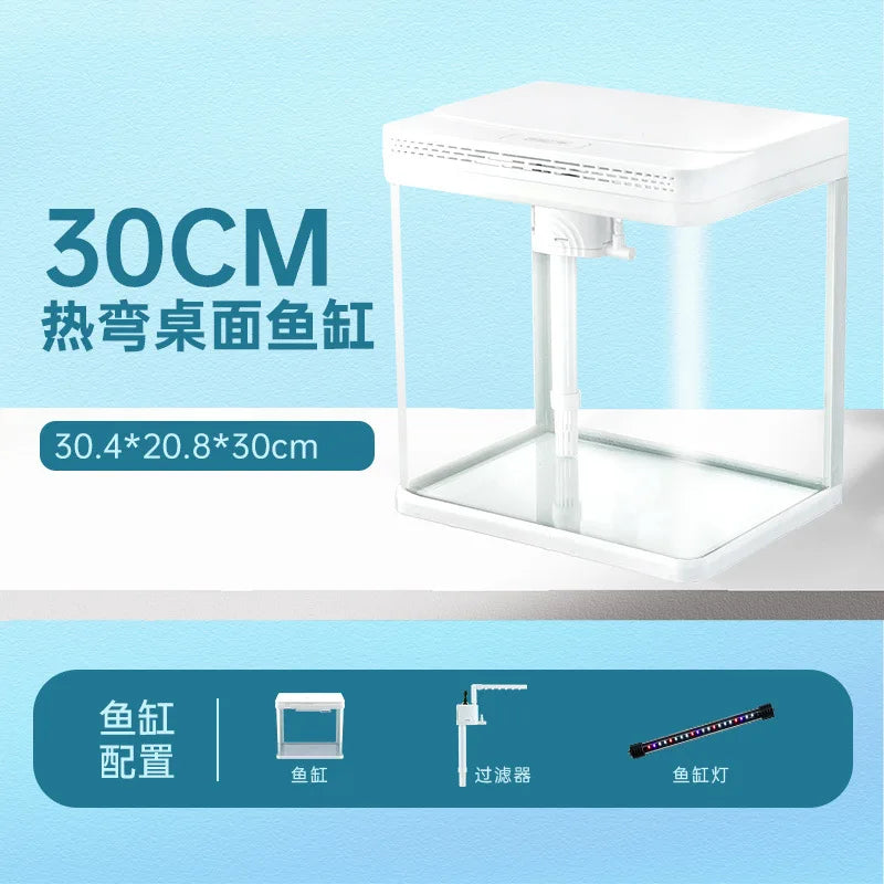 Mini Glass Aquarium for Living Room Ultra White Goldfish Tank with Built in Water Circulation