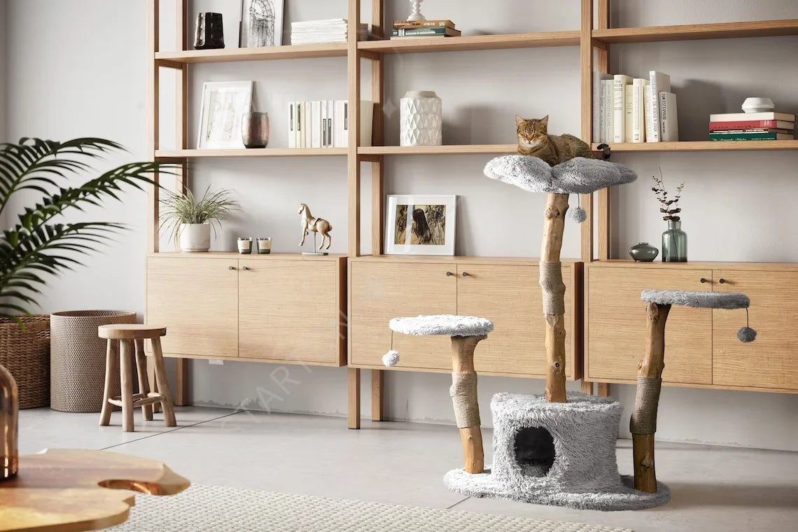 Custom Modern Cat Tree Tower for Large Cats Real Branch Luxury Wooden Cat Tree Condo