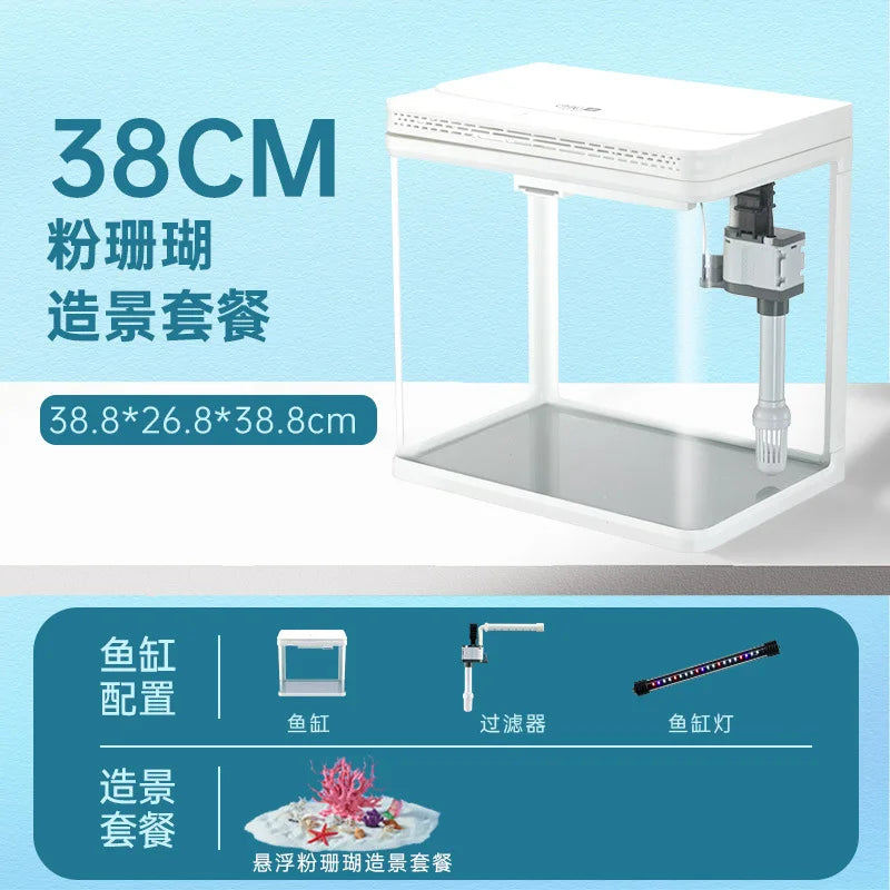 Mini Glass Aquarium for Living Room Ultra White Goldfish Tank with Built in Water Circulation