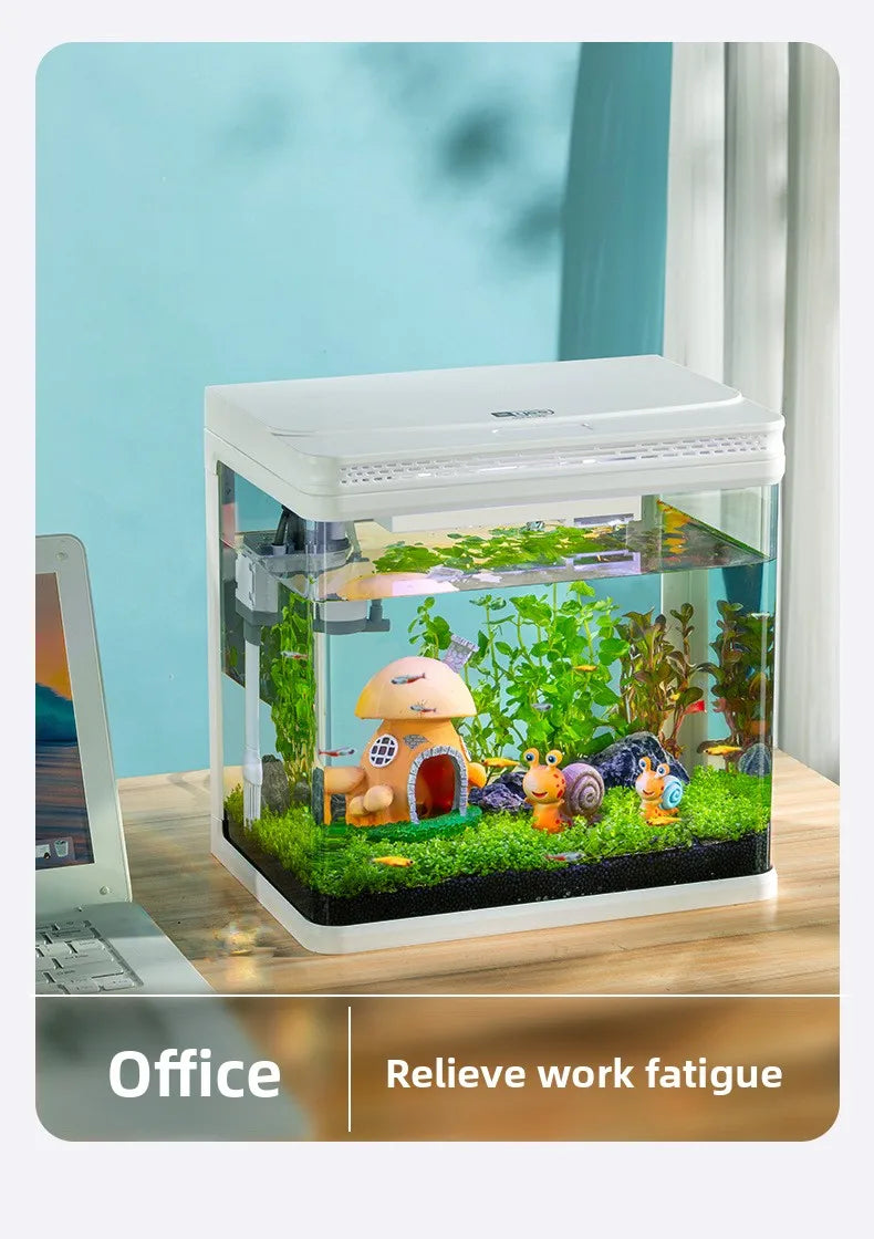 Mini Glass Aquarium for Living Room Ultra White Goldfish Tank with Built in Water Circulation