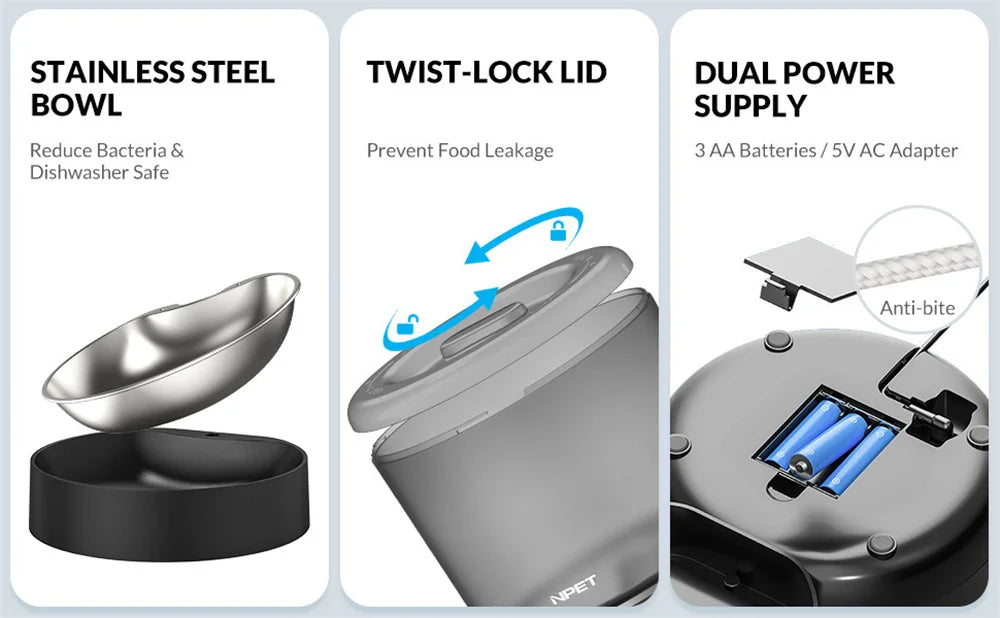 Automatic Cat Feeders, 4L Timed Cat Dry Food Dispenser, Dual Power Supply, Programmable Portion Control, Auto Pet Feeder