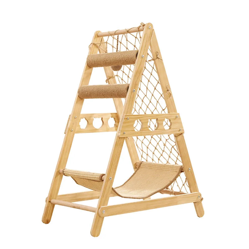 Solid Wood Cat Tree Tower with Sisal Scratching Post Hammock Climbing Net and Toys, Indoor Cat Furniture for Small Medium Cats