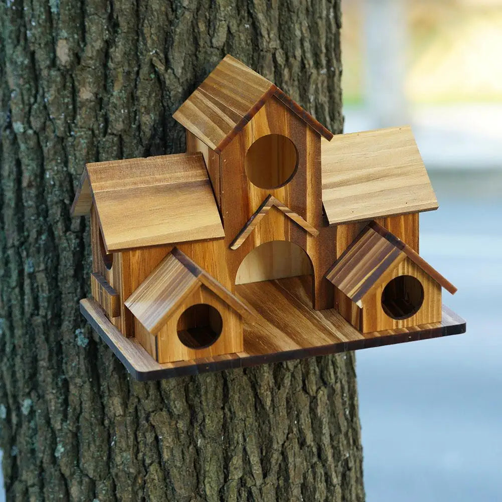 Wooden Bird Feeding Birdhouse 5 Hole Bird Cage Room Outdoor Garden Bird Nesting Box Small Pet Supplies Decoration Garden Decor ﻿