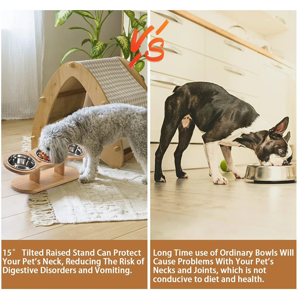 Raised Cat Feeder 3 Bowls in 1 Feeding & Watering Supplies 15° Raised Puppy 3 Stainless Steel Bowls Wood Stand Cats Accessories