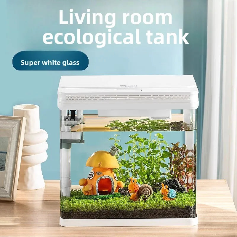 Mini Glass Aquarium for Living Room Ultra White Goldfish Tank with Built in Water Circulation