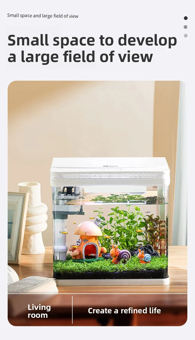 Mini Glass Aquarium for Living Room Ultra White Goldfish Tank with Built in Water Circulation