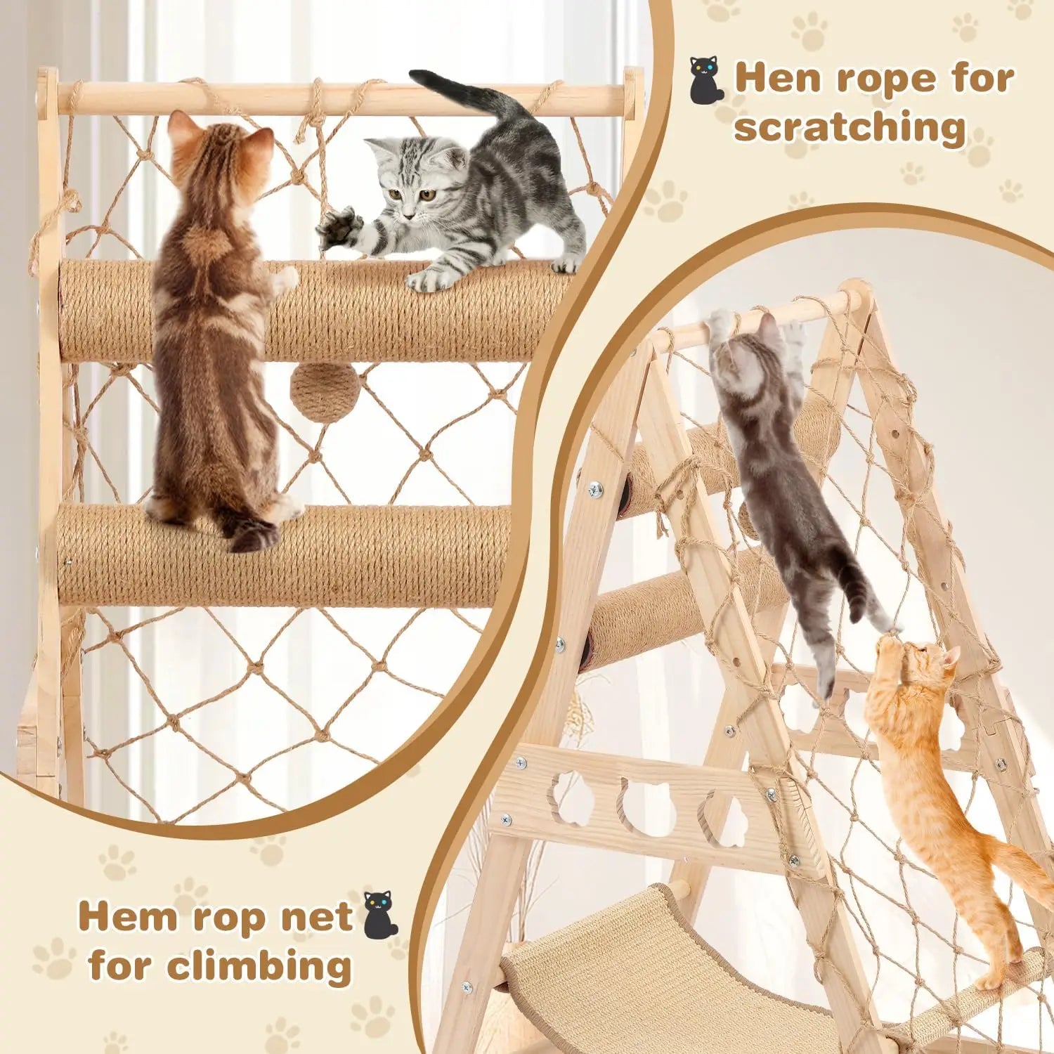 Solid Wood Cat Tree Tower with Sisal Scratching Post Hammock Climbing Net and Toys, Indoor Cat Furniture for Small Medium Cats