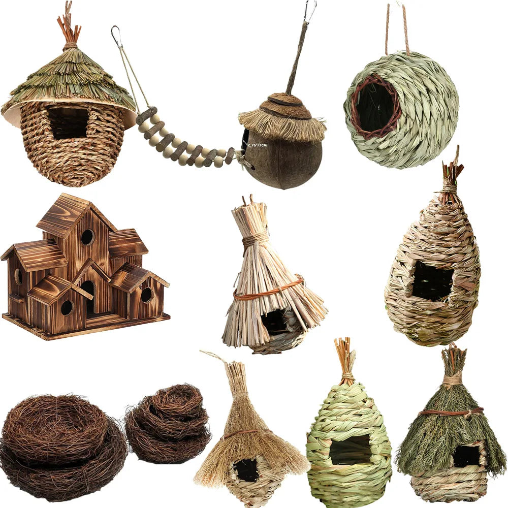 Various Styles Birdhouse Creative Unique Design Comfy Woven Natural Grass Bird Cage Outdoor Garden Window Hideaway Decoration