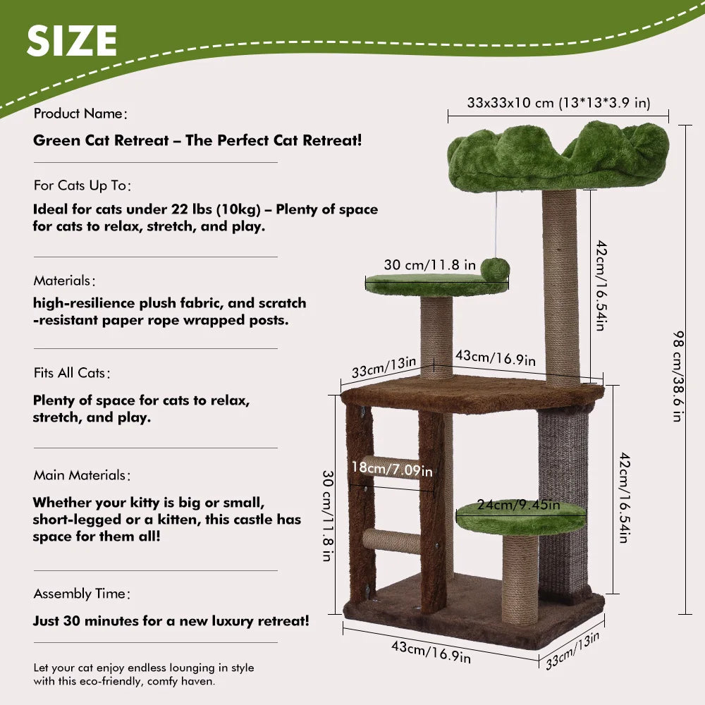 Medium Cat Tree: Green Staircase Multi-Tier Cat Tower with Scratching Post and Cozy Perch Cat Climbing Frame