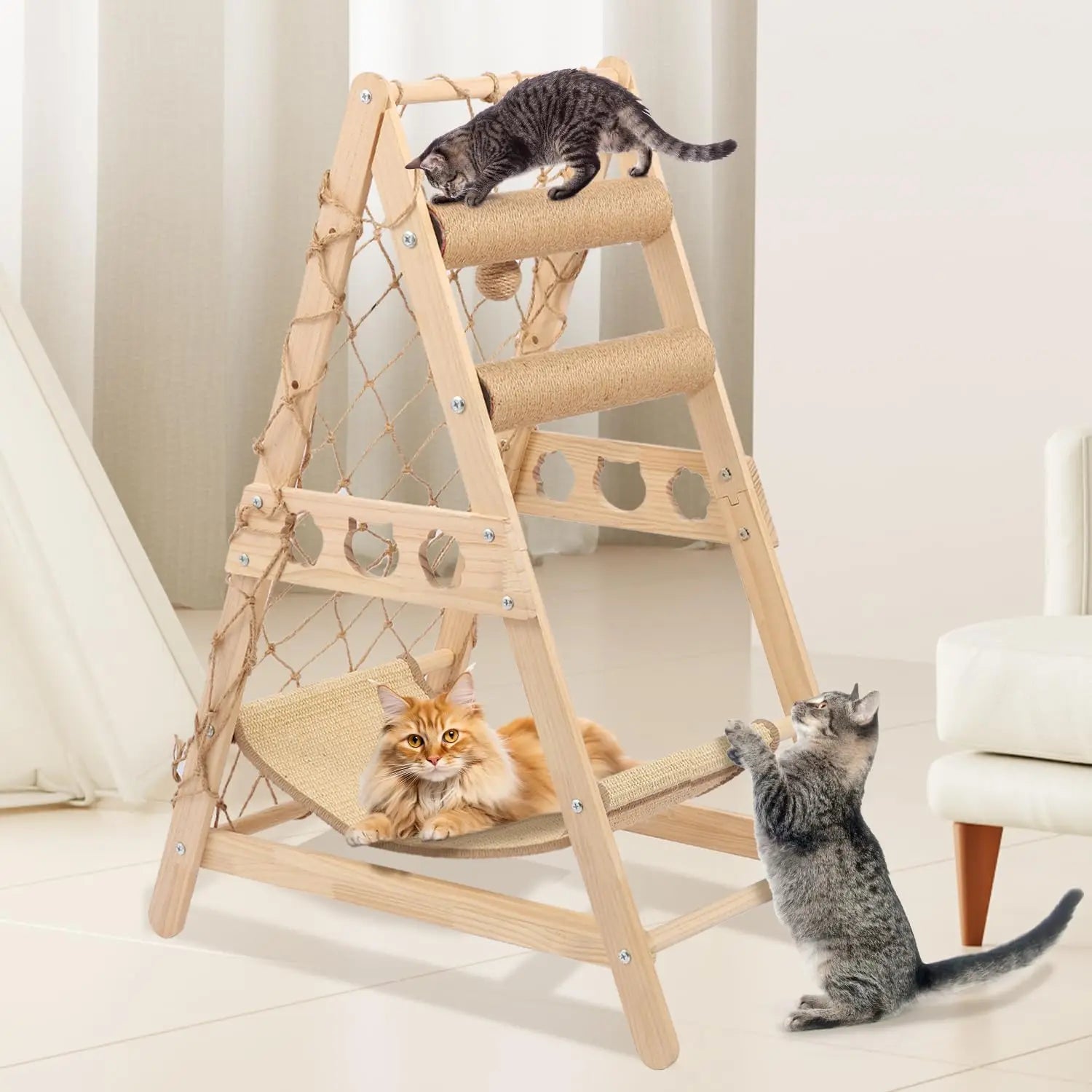 Solid Wood Cat Tree Tower with Sisal Scratching Post Hammock Climbing Net and Toys, Indoor Cat Furniture for Small Medium Cats