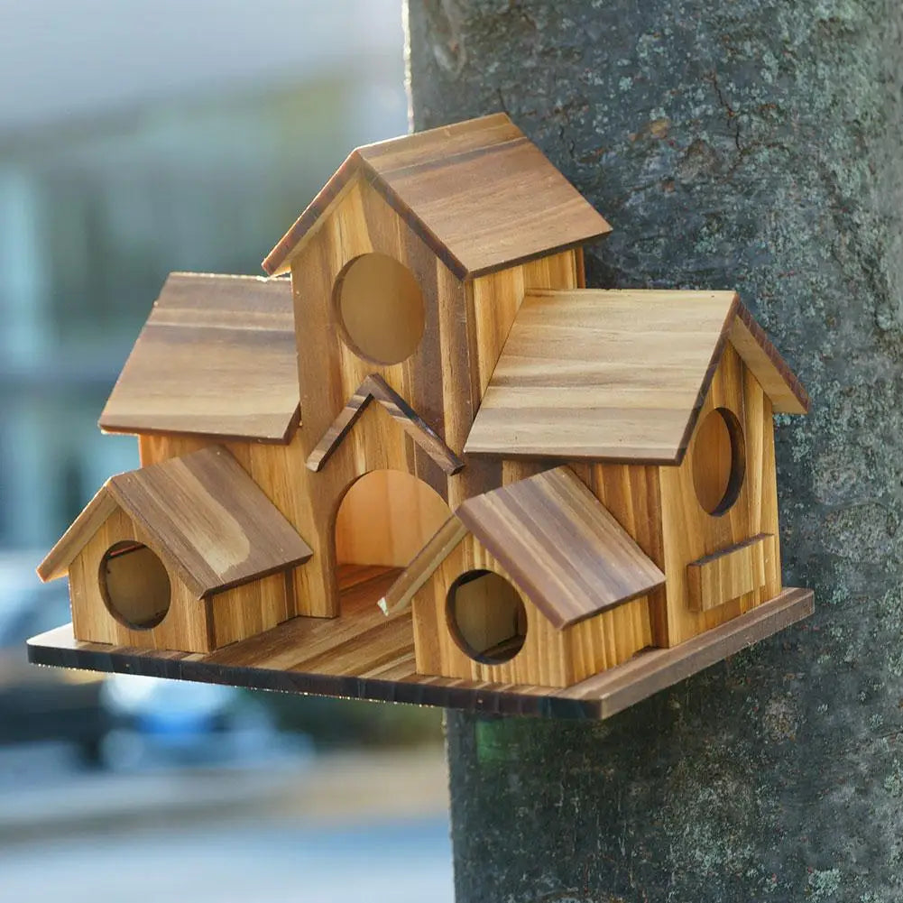 Wooden Bird Feeding Birdhouse 5 Hole Bird Cage Room Outdoor Garden Bird Nesting Box Small Pet Supplies Decoration Garden Decor ﻿