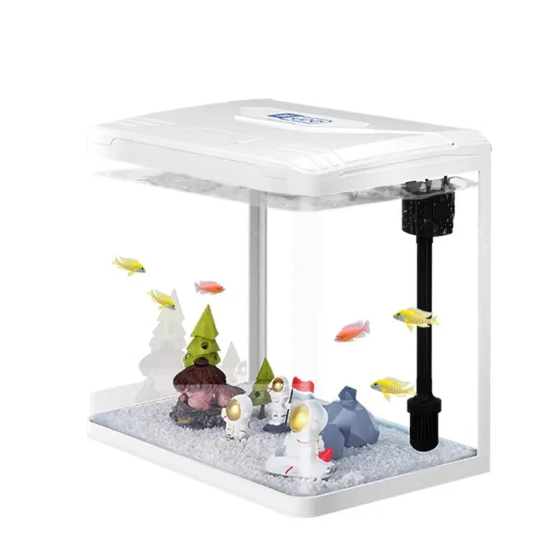 Mini Glass Aquarium for Living Room Ultra White Goldfish Tank with Built in Water Circulation
