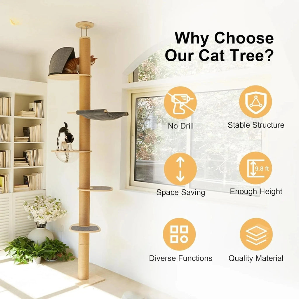 A large, luxurious cat tree made from sustainable wood, featuring climbing posts and toys that extend from floor to ceiling