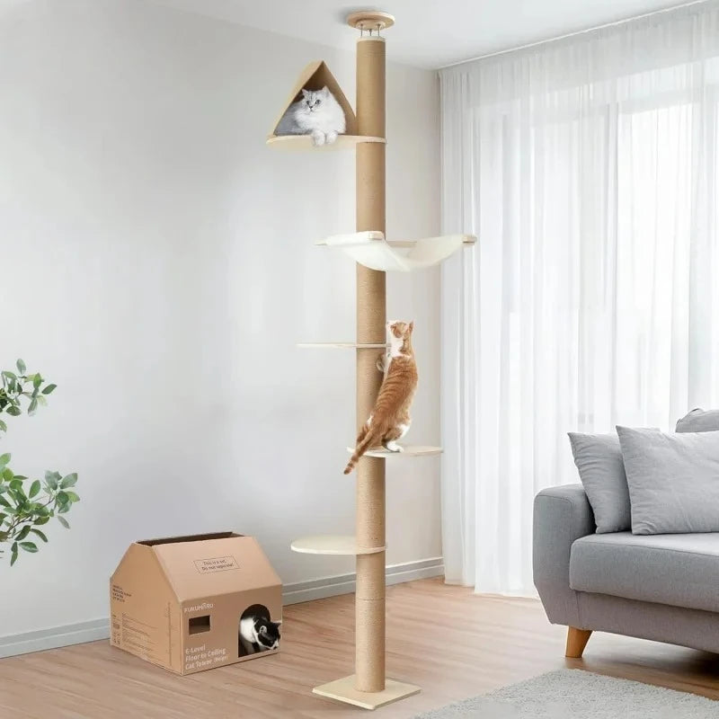 A large, luxurious cat tree made from sustainable wood, featuring climbing posts and toys that extend from floor to ceiling
