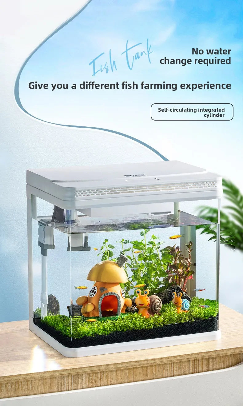 Mini Glass Aquarium for Living Room Ultra White Goldfish Tank with Built in Water Circulation
