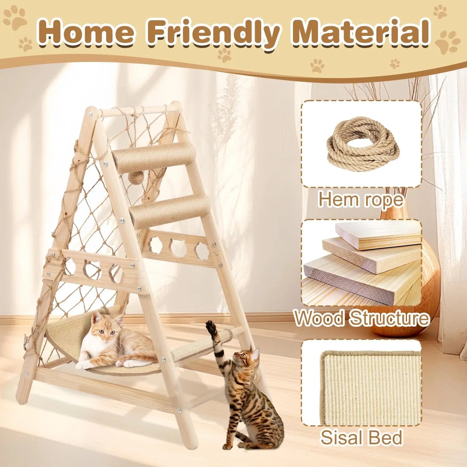 Solid Wood Cat Tree Tower with Sisal Scratching Post Hammock Climbing Net and Toys, Indoor Cat Furniture for Small Medium Cats