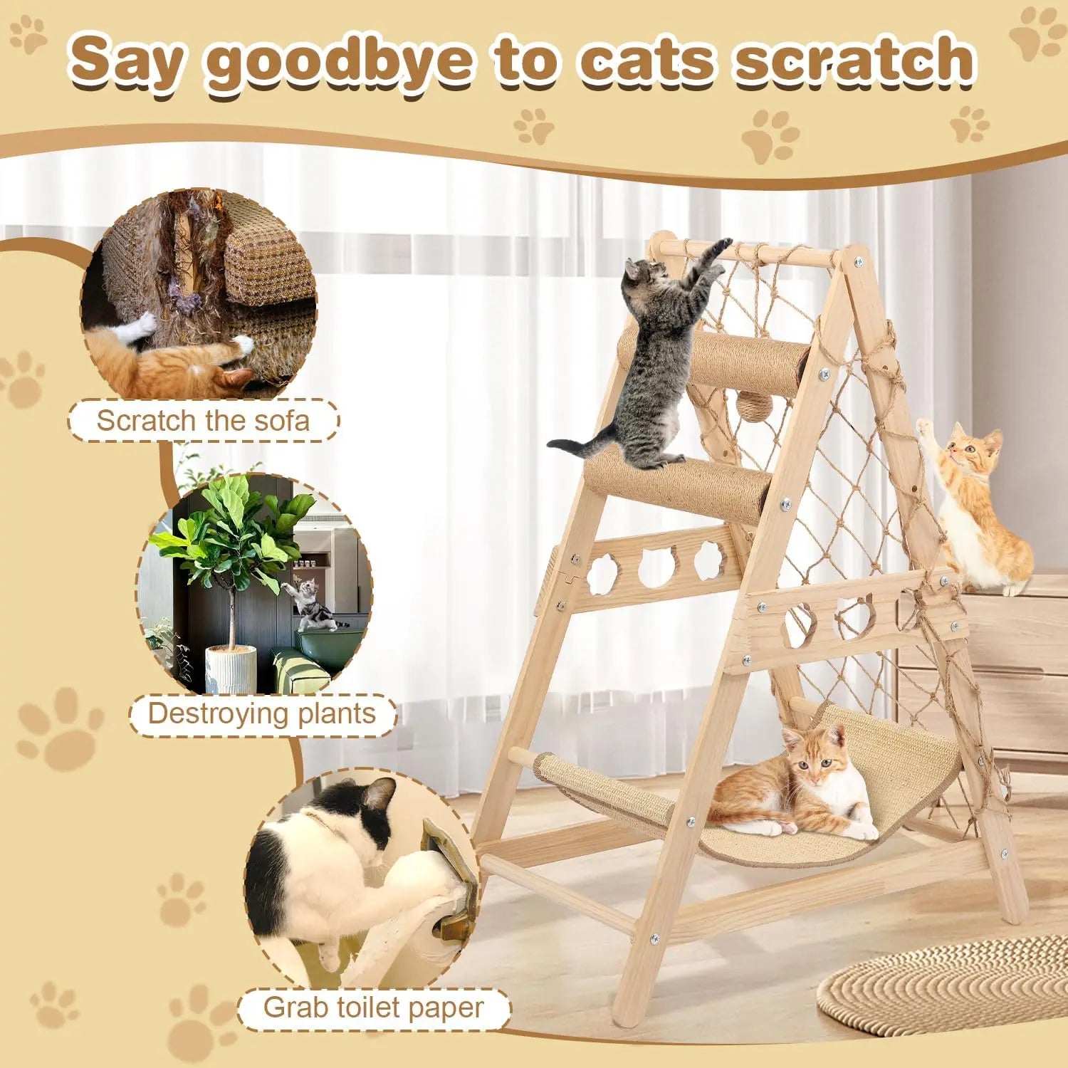 Solid Wood Cat Tree Tower with Sisal Scratching Post Hammock Climbing Net and Toys, Indoor Cat Furniture for Small Medium Cats