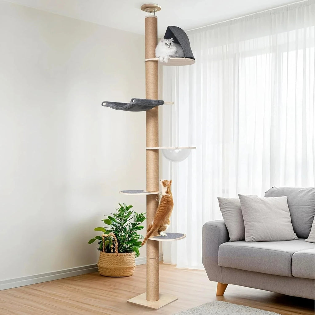 A large, luxurious cat tree made from sustainable wood, featuring climbing posts and toys that extend from floor to ceiling