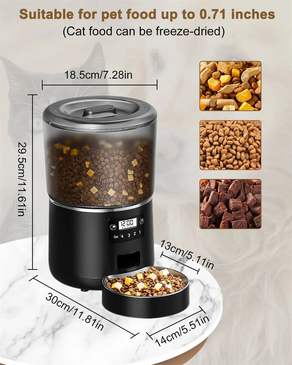Automatic Cat Feeders, 4L Timed Cat Dry Food Dispenser, Dual Power Supply, Programmable Portion Control, Auto Pet Feeder