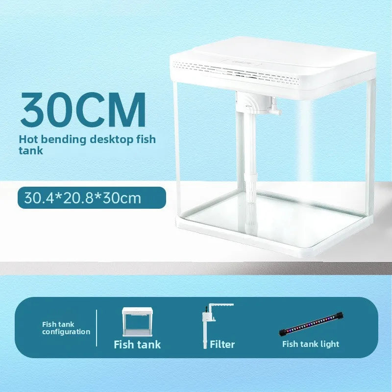 Mini Glass Aquarium for Living Room Ultra White Goldfish Tank with Built in Water Circulation