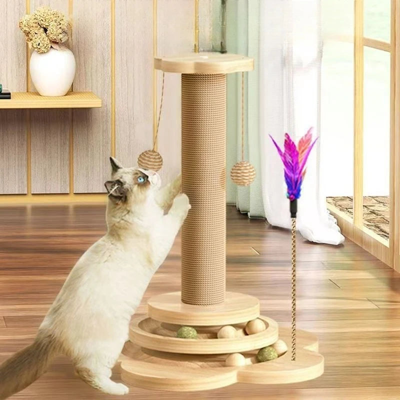 Wooden Cat Tree with Sisal Scratcher Board Vertical Scratching Post All-in-One Durable & Litter-Free Cat Toy Pet Supplies