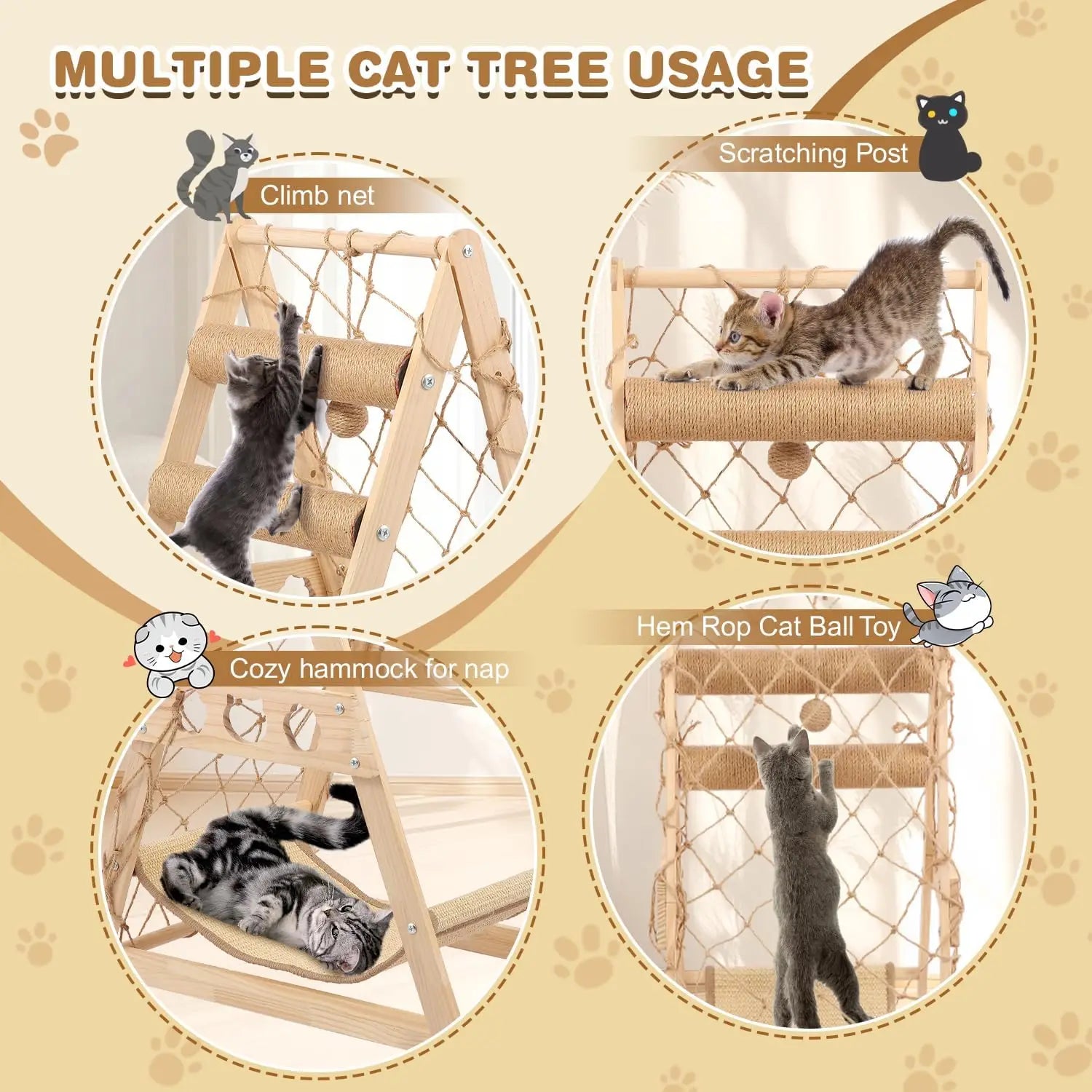 Solid Wood Cat Tree Tower with Sisal Scratching Post Hammock Climbing Net and Toys, Indoor Cat Furniture for Small Medium Cats