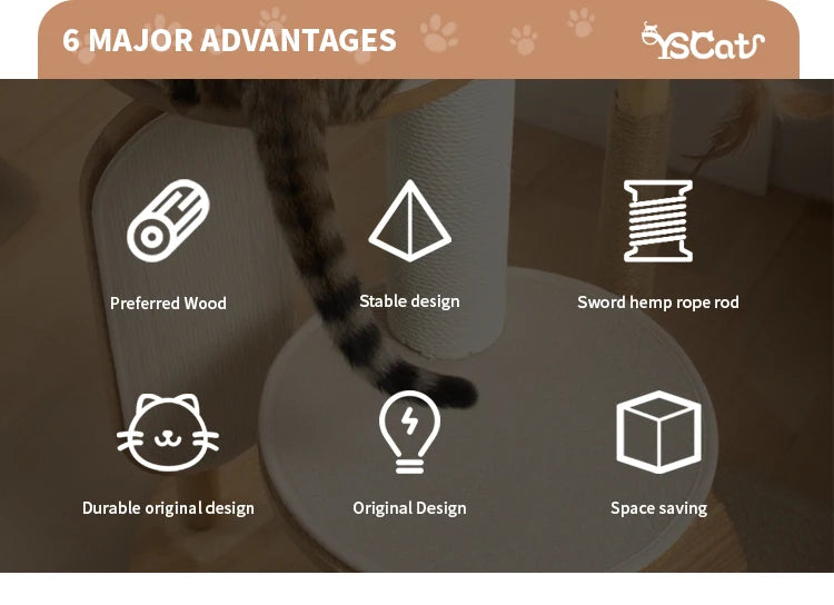 A large, luxurious cat tree made from sustainable wood, featuring climbing posts and toys that extend from floor to ceiling