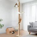 A large, luxurious cat tree made from sustainable wood, featuring climbing posts and toys that extend from floor to ceiling
