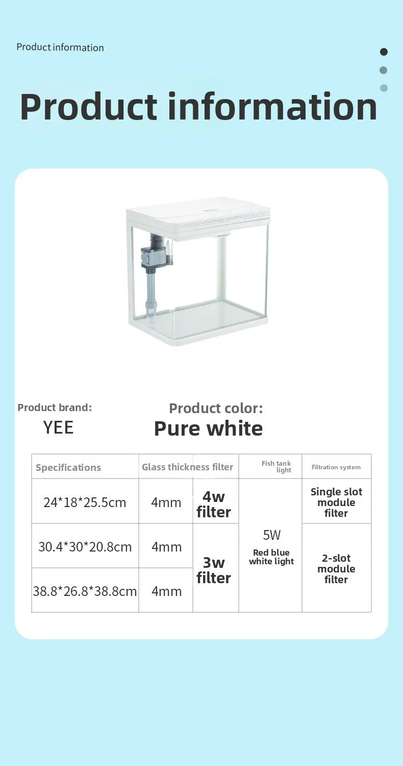 Mini Glass Aquarium for Living Room Ultra White Goldfish Tank with Built in Water Circulation