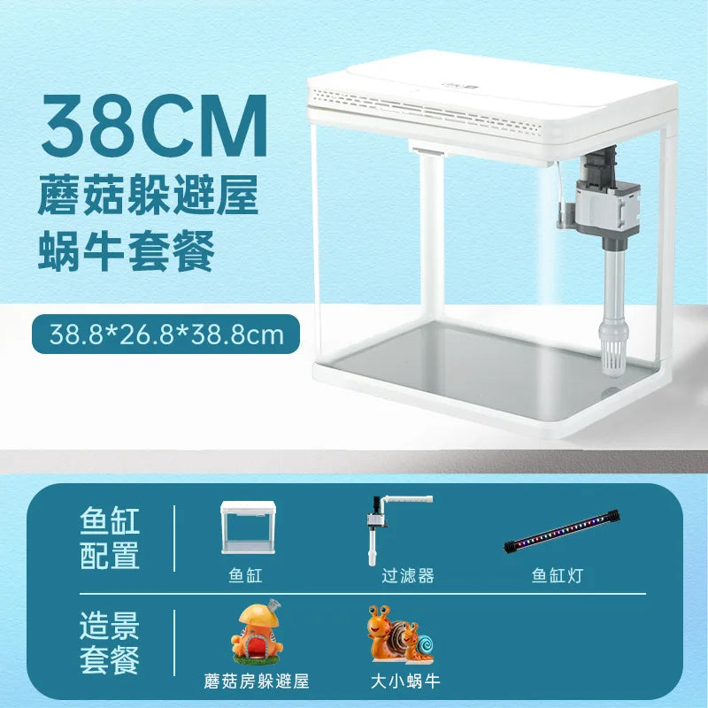 Mini Glass Aquarium for Living Room Ultra White Goldfish Tank with Built in Water Circulation